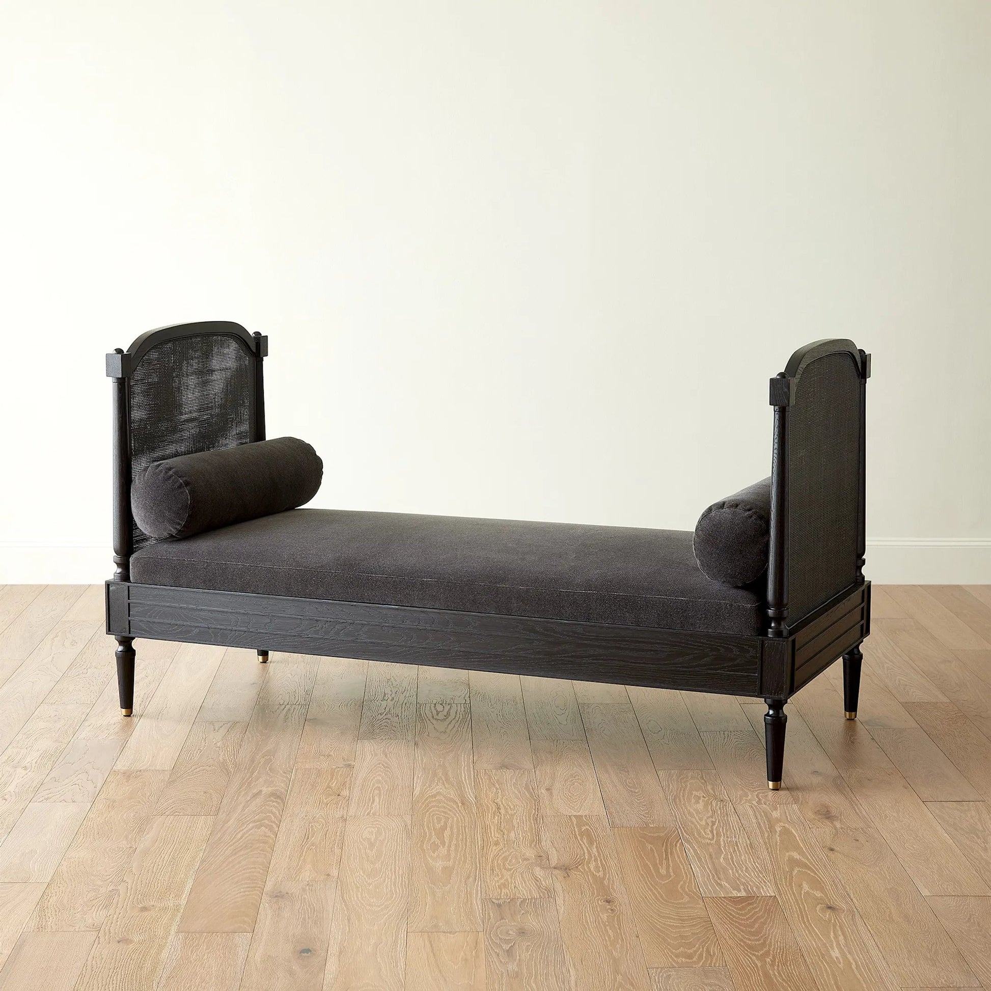 Josephine Daybed by Global Views. Made from eu oak, cane. beech, brass, fabric, 11% cotton, 31% polyester, 58% acrylic, 50, 000 double rub in a traditional style.