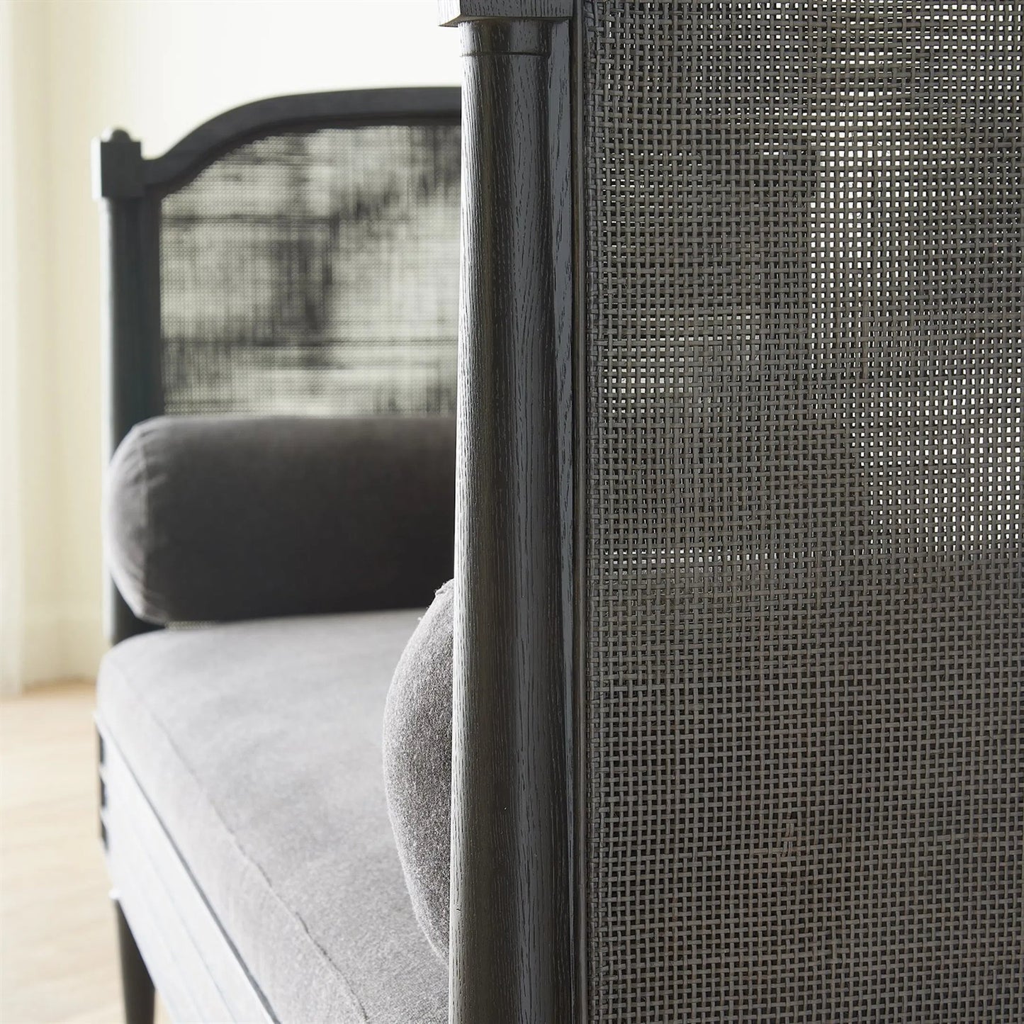 014 SI-2323836 | Closeup | Josephine Daybed by Global Views. Made from eu oak, cane. beech, brass, fabric, 11% cotton, 31% polyester, 58% acrylic, 50, 000 double rub in a traditional style.