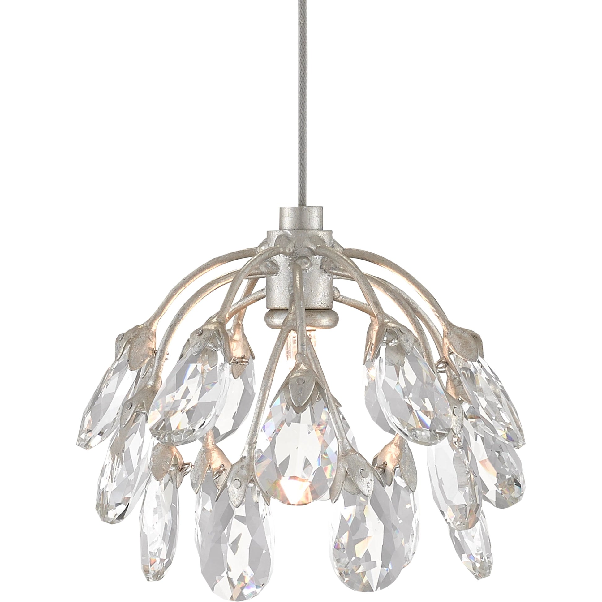 Crystal Bud Linear Pendant by Currey and Company in painted silver, contemporary silver leaf. Made from crystal, wrought iron in a transitional style.