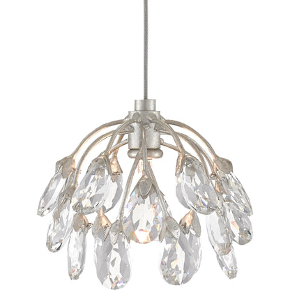 Crystal Bud Linear Pendant by Currey and Company in painted silver, contemporary silver leaf. Made from crystal, wrought iron in a transitional style.