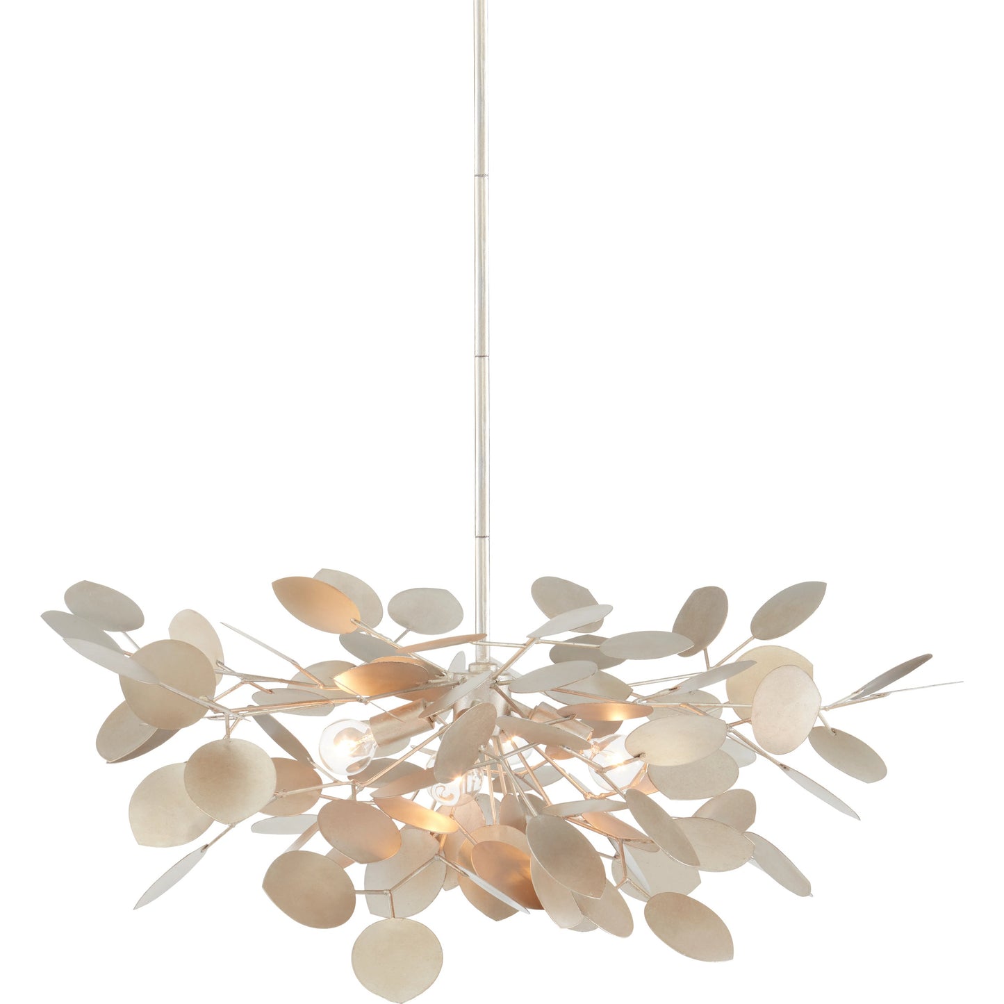 001 SI-1894403 | Primary Silo | Lunaria Small Chandelier by Currey and Company in contemporary silver leaf. Made from wrought iron in a transitional style.