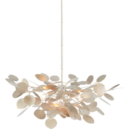 Lunaria Small Chandelier by Currey and Company in contemporary silver leaf. Made from wrought iron in a transitional style.