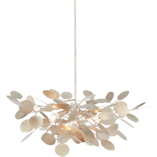Lunaria Small Chandelier by Currey and Company in contemporary silver leaf. Made from wrought iron in a transitional style.