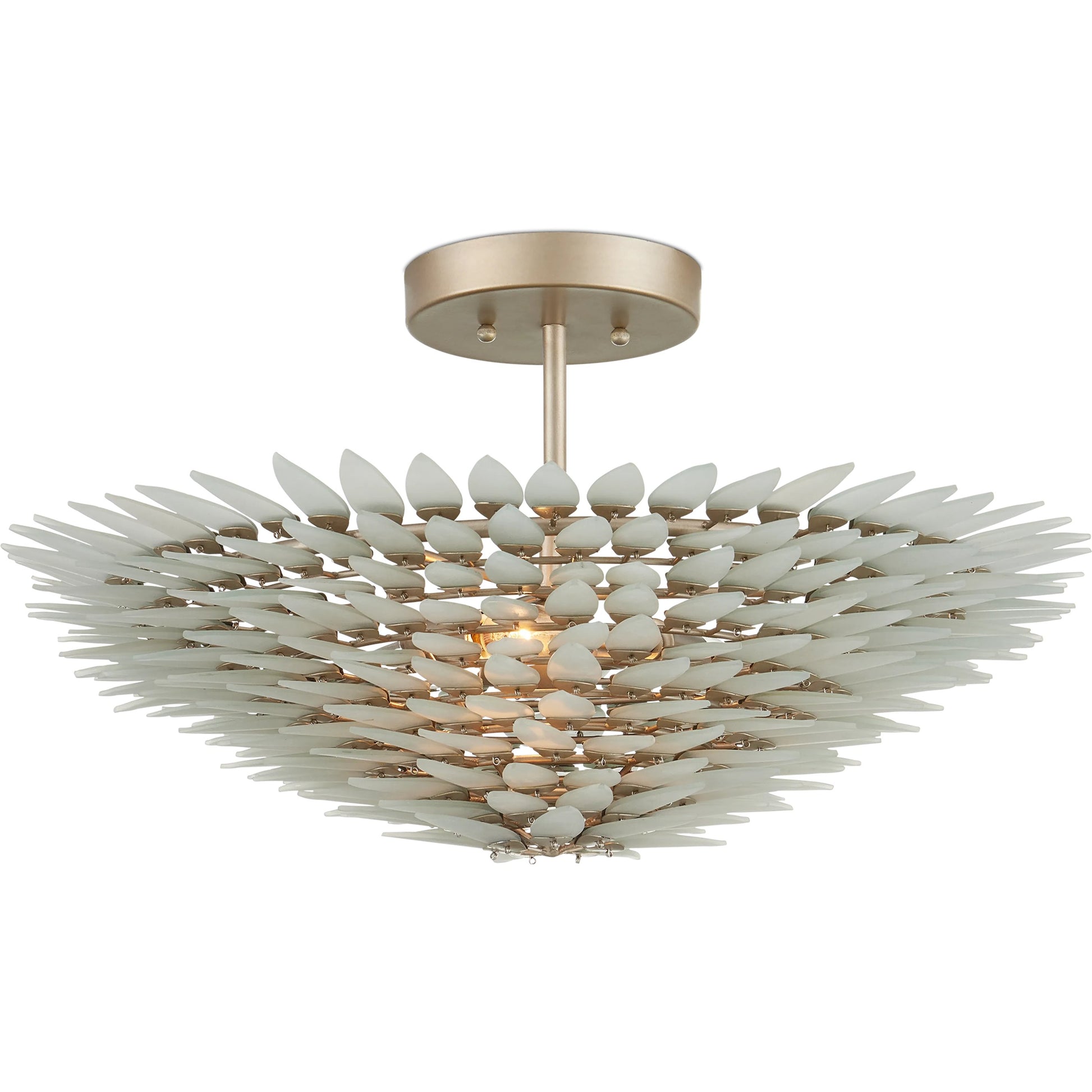 Dahlia Semi-Flush Mount by Currey and Company in frosted, contemporary silver. Made from recycled glass, wrought iron in a modern style.