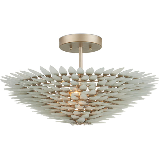 Dahlia Semi-Flush Mount by Currey and Company in frosted, contemporary silver. Made from recycled glass, wrought iron in a modern style.