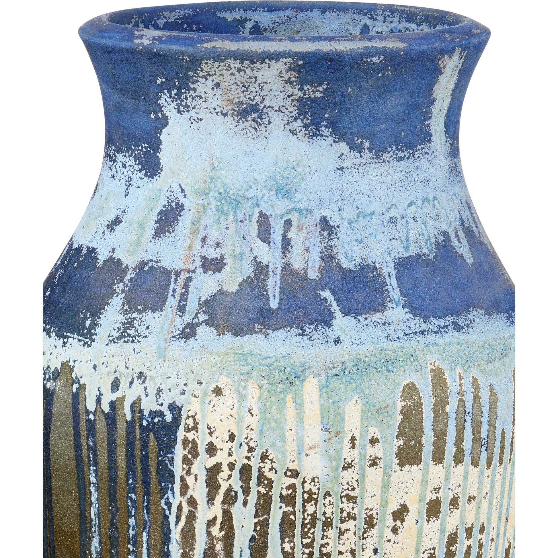 Capizzi Urn by Currey and Company in antique blue drip. Made from ceramic in a modern style.