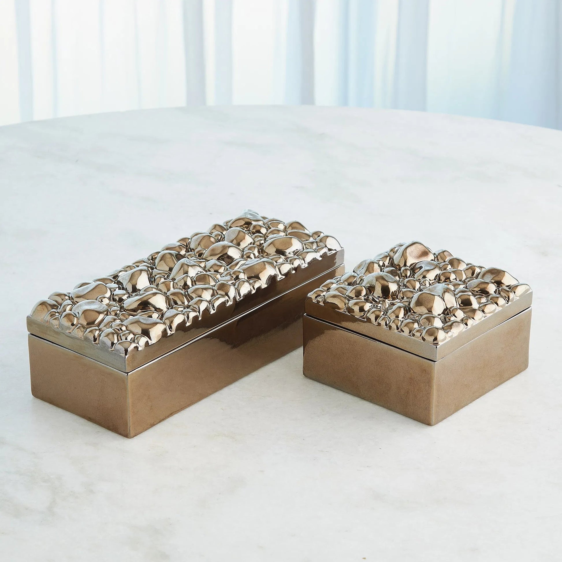 Pebbles Rectangular Box by Global Views in bronze. Made from ceramic in a modern style.