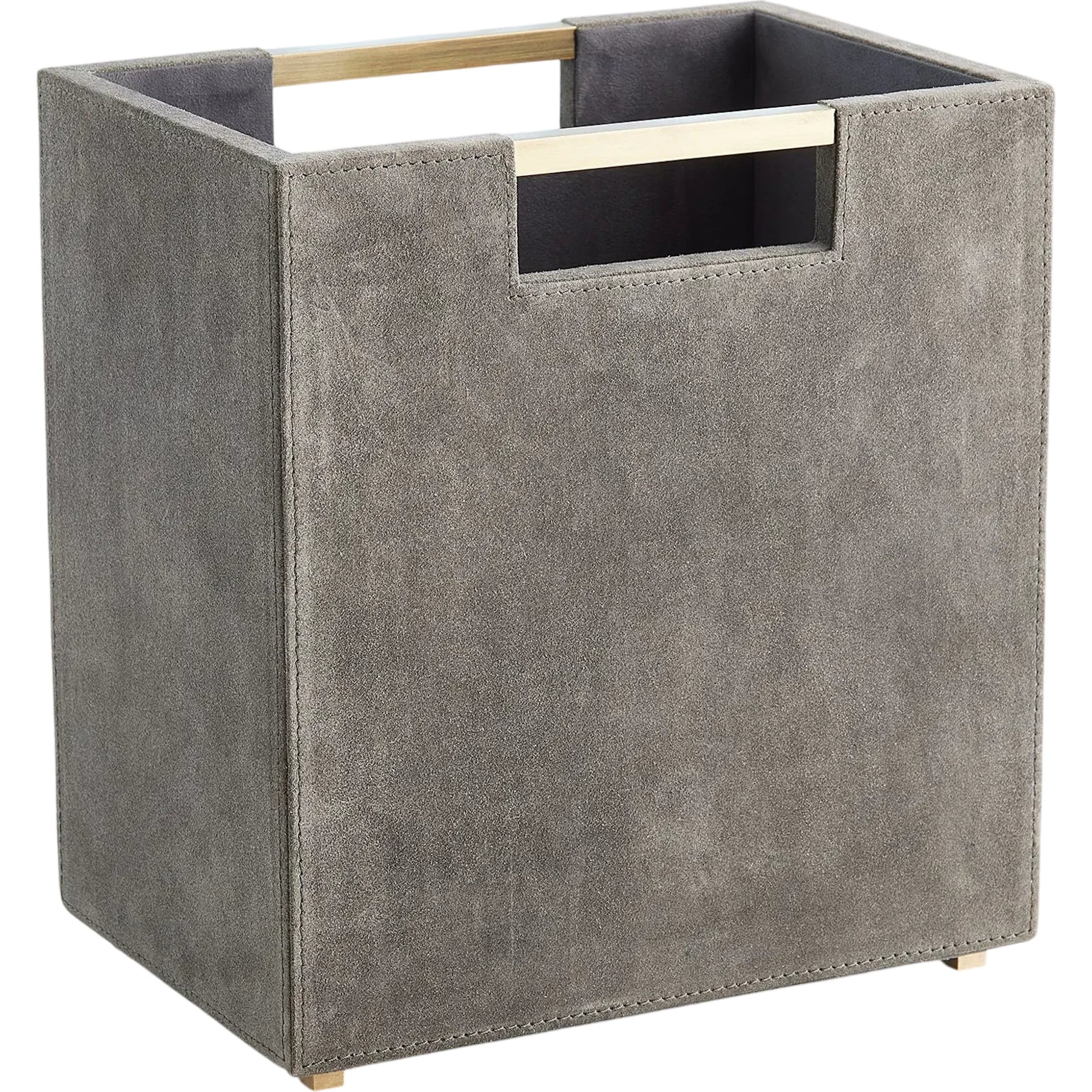 Posh Wastebasket by Global Views in antique brass. Made from mdf, cloth polysuede, brass in a eclectic & global style.