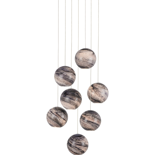 Palatino Round 7-LIGHT Multi-Drop Pendant by Currey and Company in blue marbeled, silver. Made from earth with speckles, glass in a modern style.