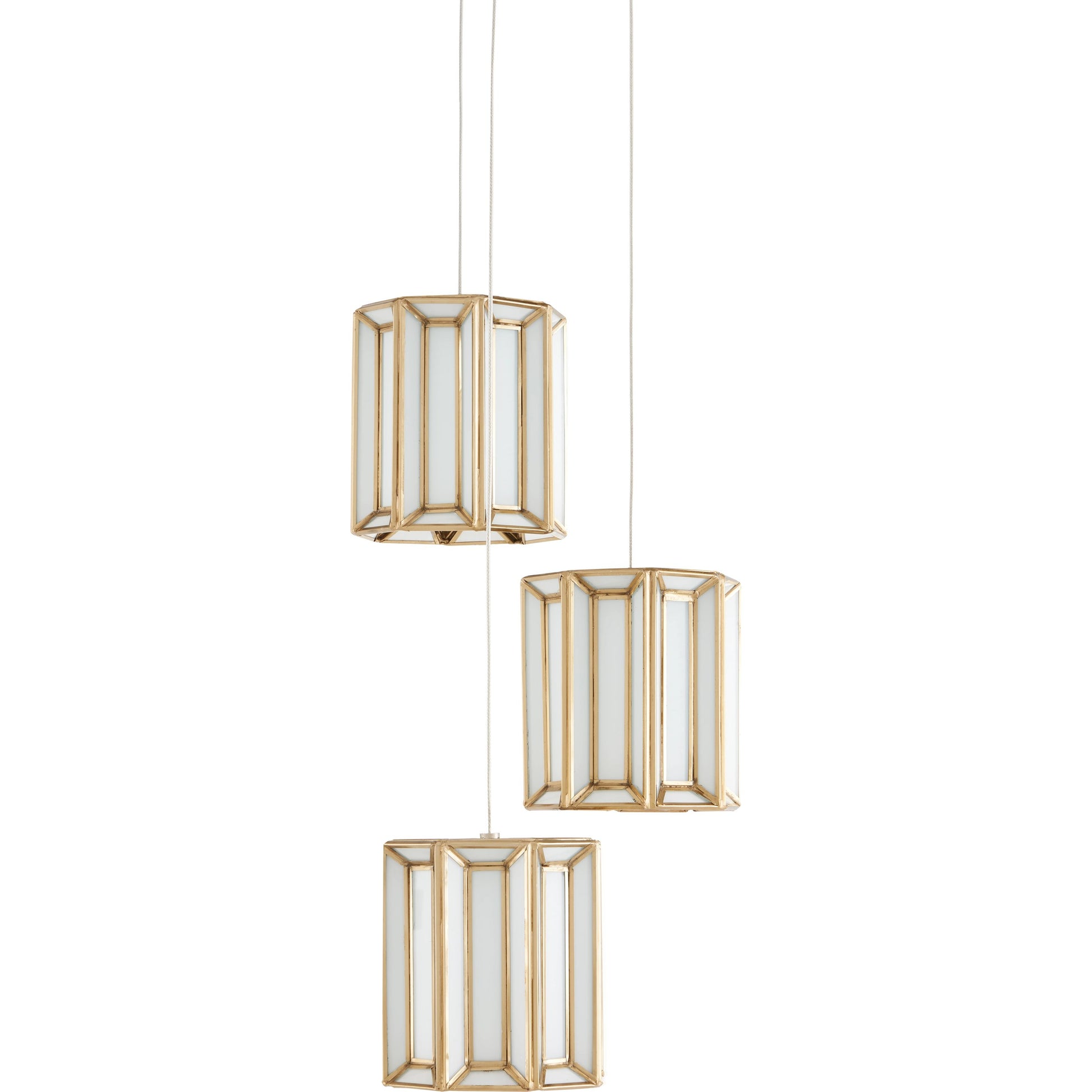 Daze 3-LIGHT Multi-Drop Pendant by Currey and Company in antique brass, white, painted silver. Made from frosted glass in a modern style.