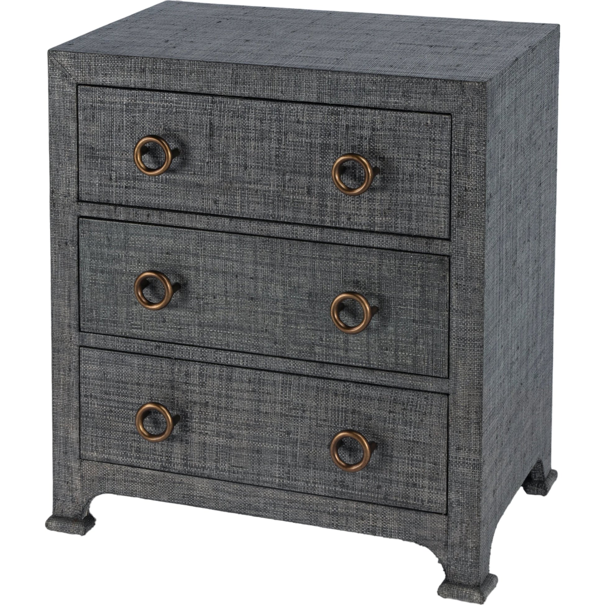 Chatham Raffia Chest by Butler Specialty Company in charcoal and charcoal raffia. Made from gmelina beechwood solids, mdf, oak veneer, saguran raffia, aluminum in a modern style.