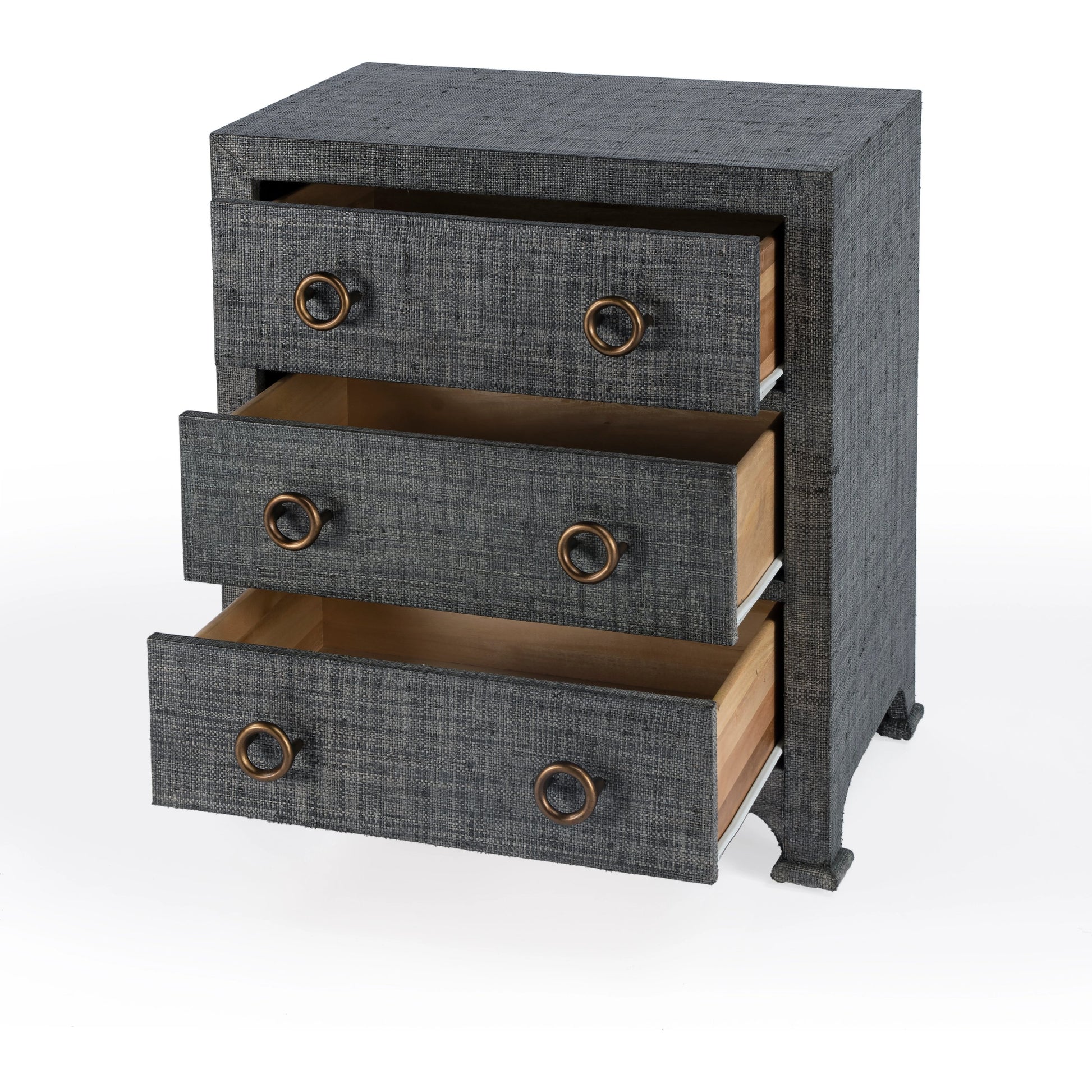 Chatham Raffia Chest by Butler Specialty Company in charcoal and charcoal raffia. Made from gmelina beechwood solids, mdf, oak veneer, saguran raffia, aluminum in a modern style.
