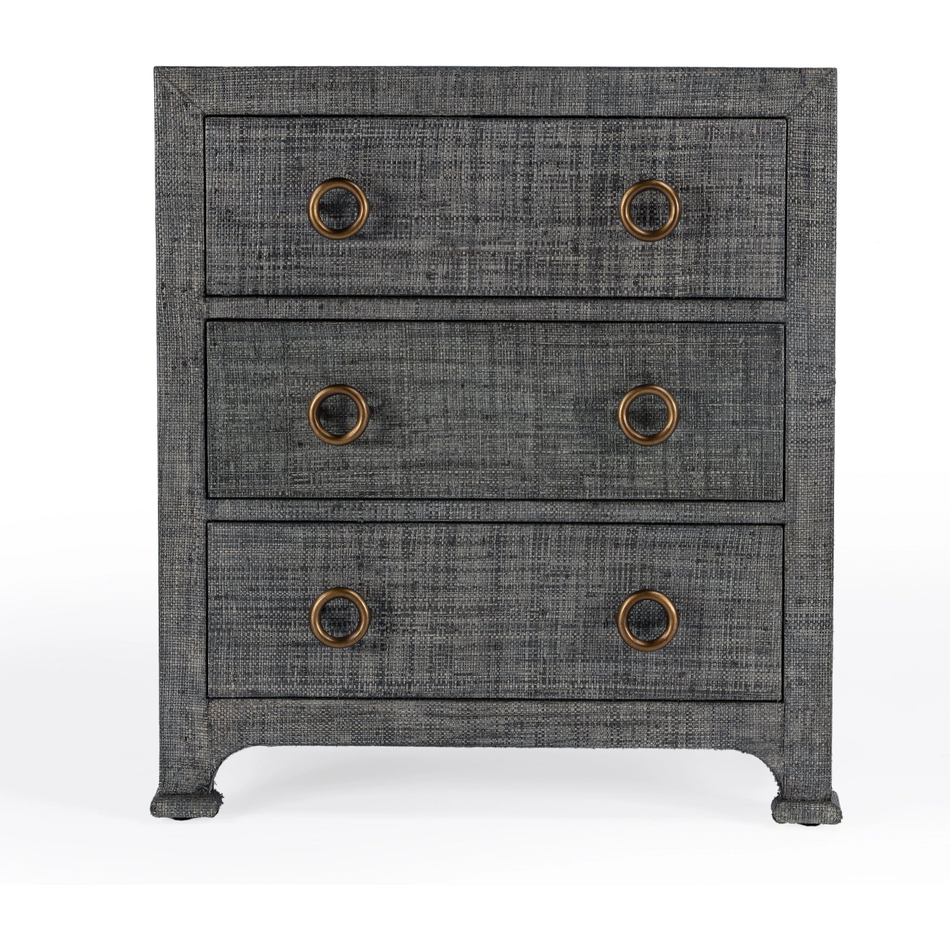 Chatham Raffia Chest by Butler Specialty Company in charcoal and charcoal raffia. Made from gmelina beechwood solids, mdf, oak veneer, saguran raffia, aluminum in a modern style.