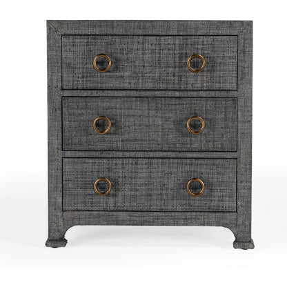 Chatham Raffia Chest by Butler Specialty Company in charcoal and charcoal raffia. Made from gmelina beechwood solids, mdf, oak veneer, saguran raffia, aluminum in a modern style.