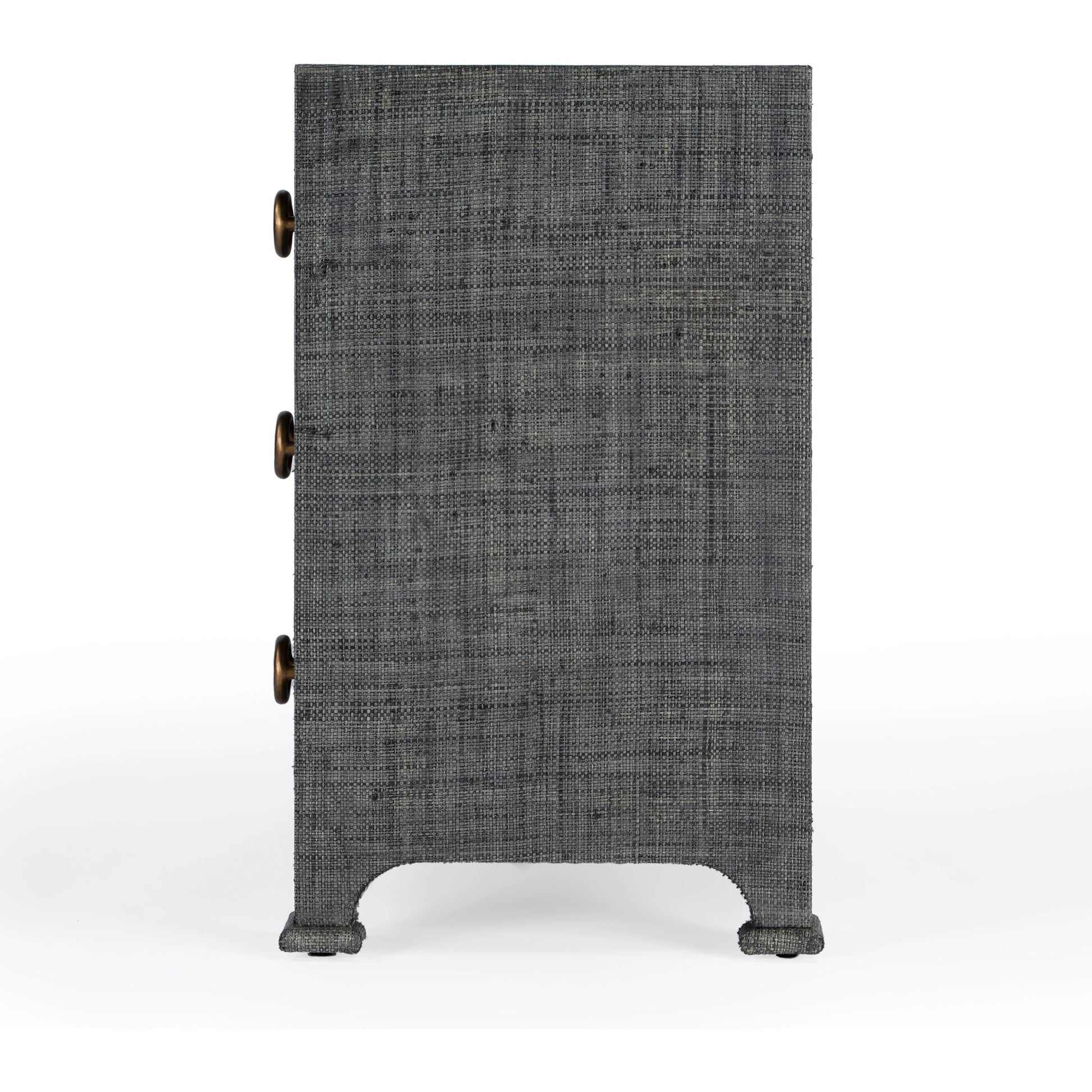 Chatham Raffia Chest by Butler Specialty Company in charcoal and charcoal raffia. Made from gmelina beechwood solids, mdf, oak veneer, saguran raffia, aluminum in a modern style.