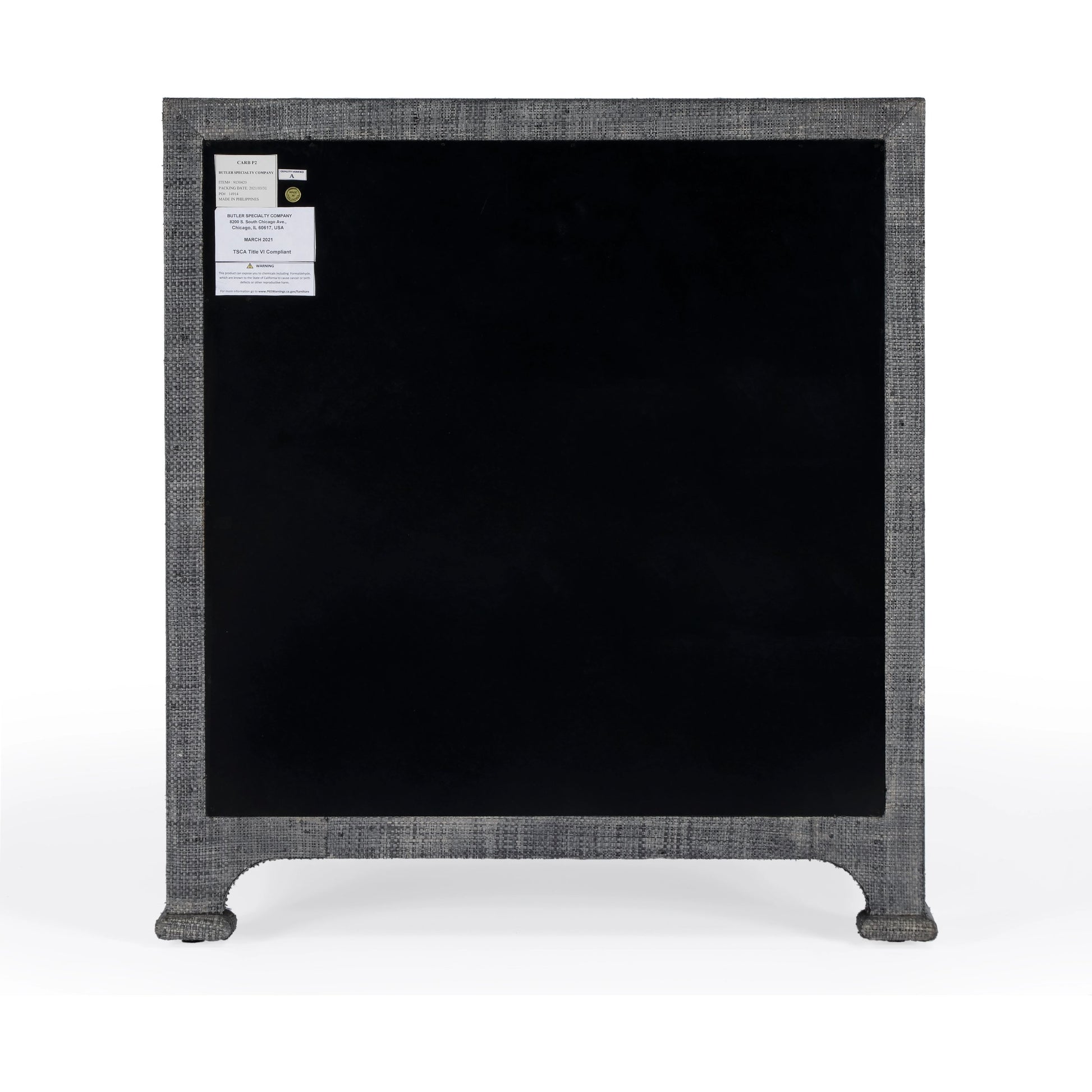 Chatham Raffia Chest by Butler Specialty Company in charcoal and charcoal raffia. Made from gmelina beechwood solids, mdf, oak veneer, saguran raffia, aluminum in a modern style.