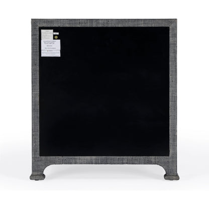 Chatham Raffia Chest by Butler Specialty Company in charcoal and charcoal raffia. Made from gmelina beechwood solids, mdf, oak veneer, saguran raffia, aluminum in a modern style.