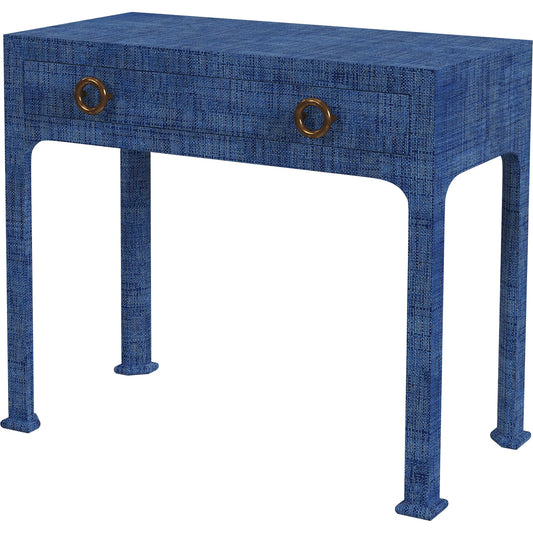 Chatham Console Table by Butler Specialty Company in blue raffia. Made from gmelina arborea wood, mdf, maple veneer, raffia, aluminum in a unique style.
