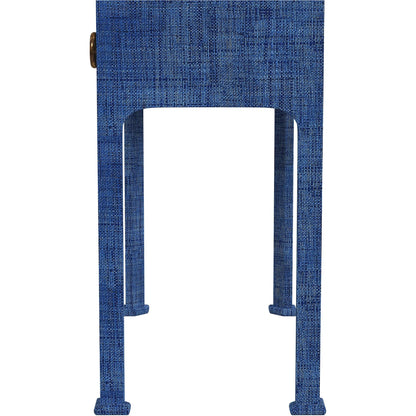 Chatham Console Table by Butler Specialty Company in blue raffia. Made from gmelina arborea wood, mdf, maple veneer, raffia, aluminum in a unique style.