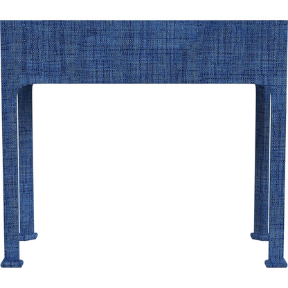 Chatham Console Table by Butler Specialty Company in blue raffia. Made from gmelina arborea wood, mdf, maple veneer, raffia, aluminum in a unique style.