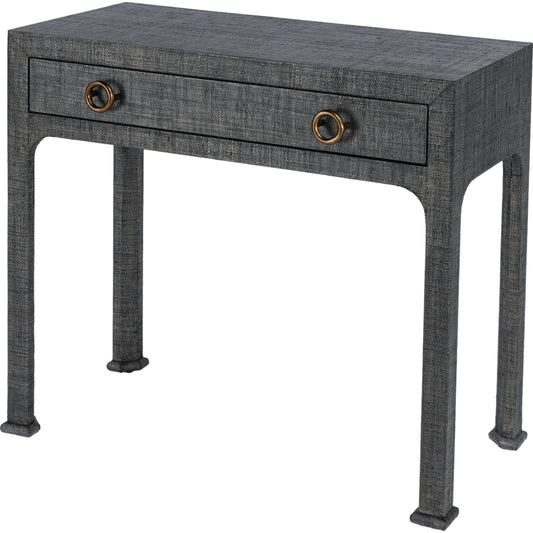Chatham Raffia Console Table by Butler Specialty Company in charcoal and charcoal raffia. Made from gmelina beechwood solids, mdf panel with maple veneer, raffia, aluminium in a transitional style.