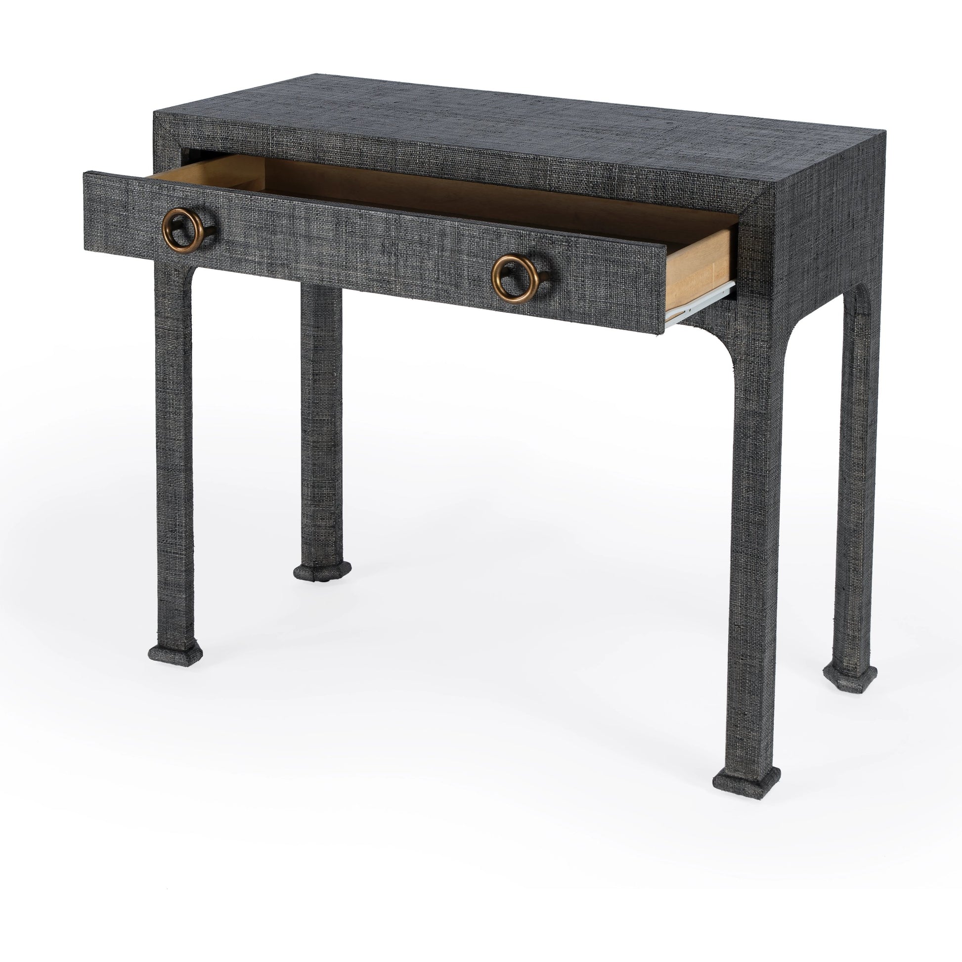 Chatham Raffia Console Table by Butler Specialty Company in charcoal and charcoal raffia. Made from gmelina beechwood solids, mdf panel with maple veneer, raffia, aluminium in a transitional style.