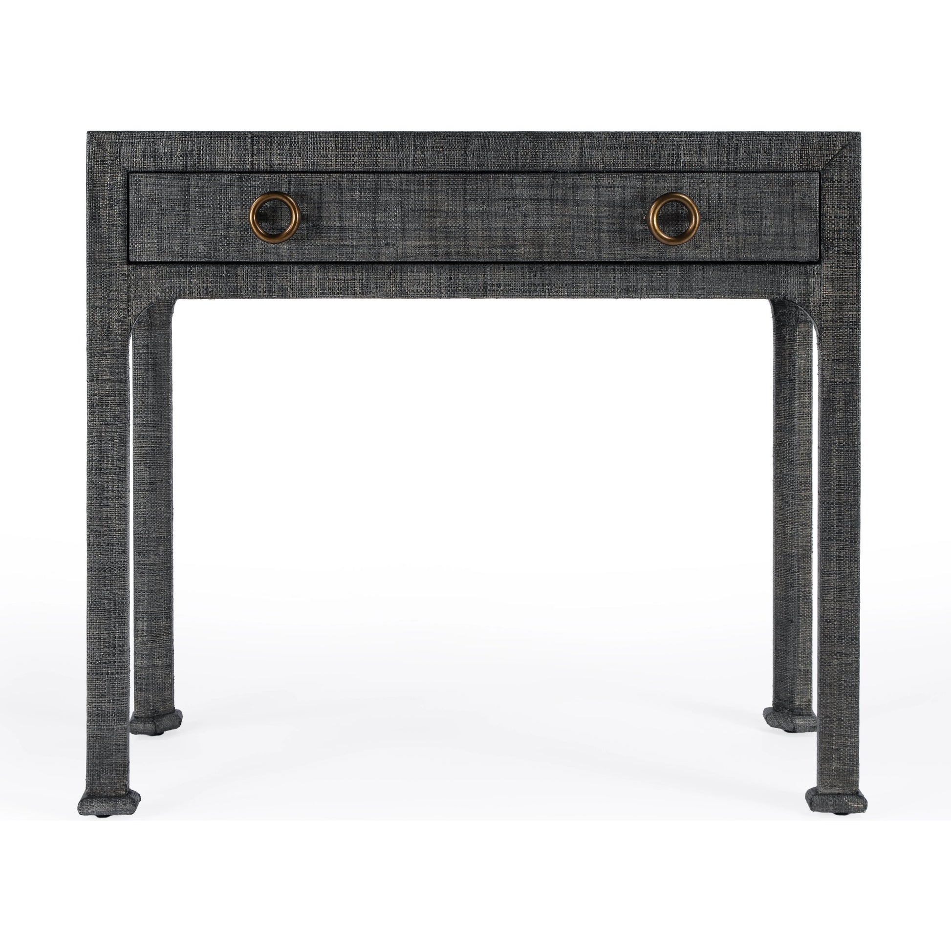 Chatham Raffia Console Table by Butler Specialty Company in charcoal and charcoal raffia. Made from gmelina beechwood solids, mdf panel with maple veneer, raffia, aluminium in a transitional style.
