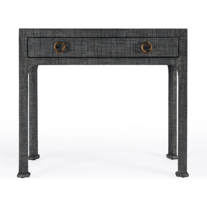 Chatham Raffia Console Table by Butler Specialty Company in charcoal and charcoal raffia. Made from gmelina beechwood solids, mdf panel with maple veneer, raffia, aluminium in a transitional style.