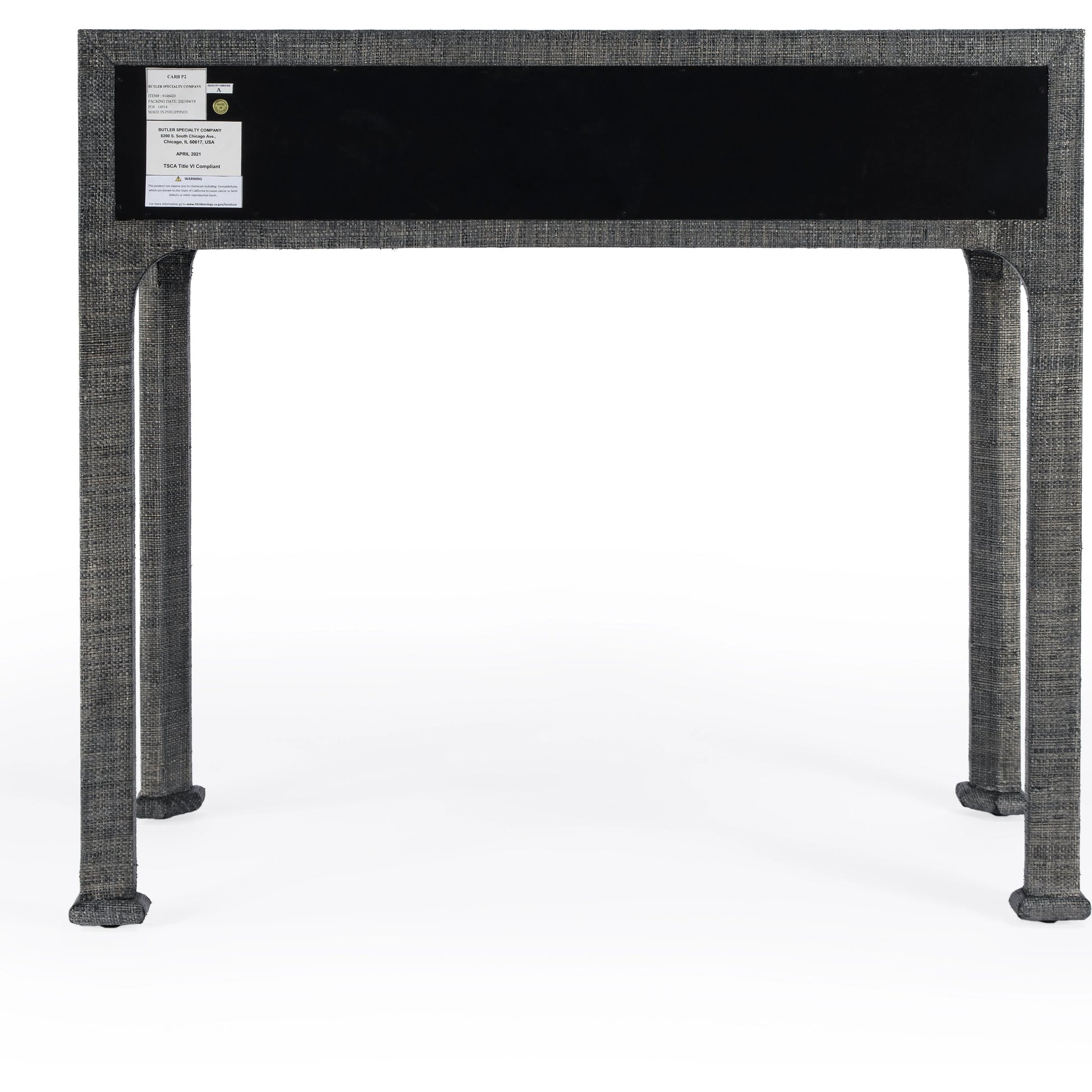 Chatham Raffia Console Table by Butler Specialty Company in charcoal and charcoal raffia. Made from gmelina beechwood solids, mdf panel with maple veneer, raffia, aluminium in a transitional style.
