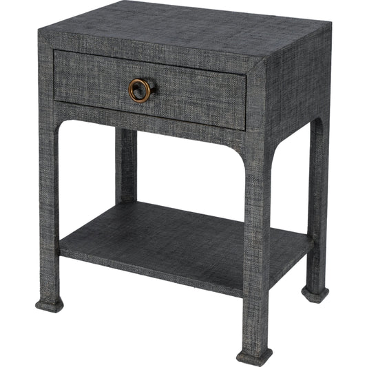 Chatham Raffia Nightstand by Butler Specialty Company in charcoal and charcoal raffia. Made from gmelina beechwood solids, mdf panel with maple veneer, raffia, aluminium in a transitional style.