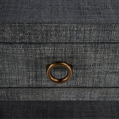 Chatham Raffia Nightstand by Butler Specialty Company in charcoal and charcoal raffia. Made from gmelina beechwood solids, mdf panel with maple veneer, raffia, aluminium in a transitional style.