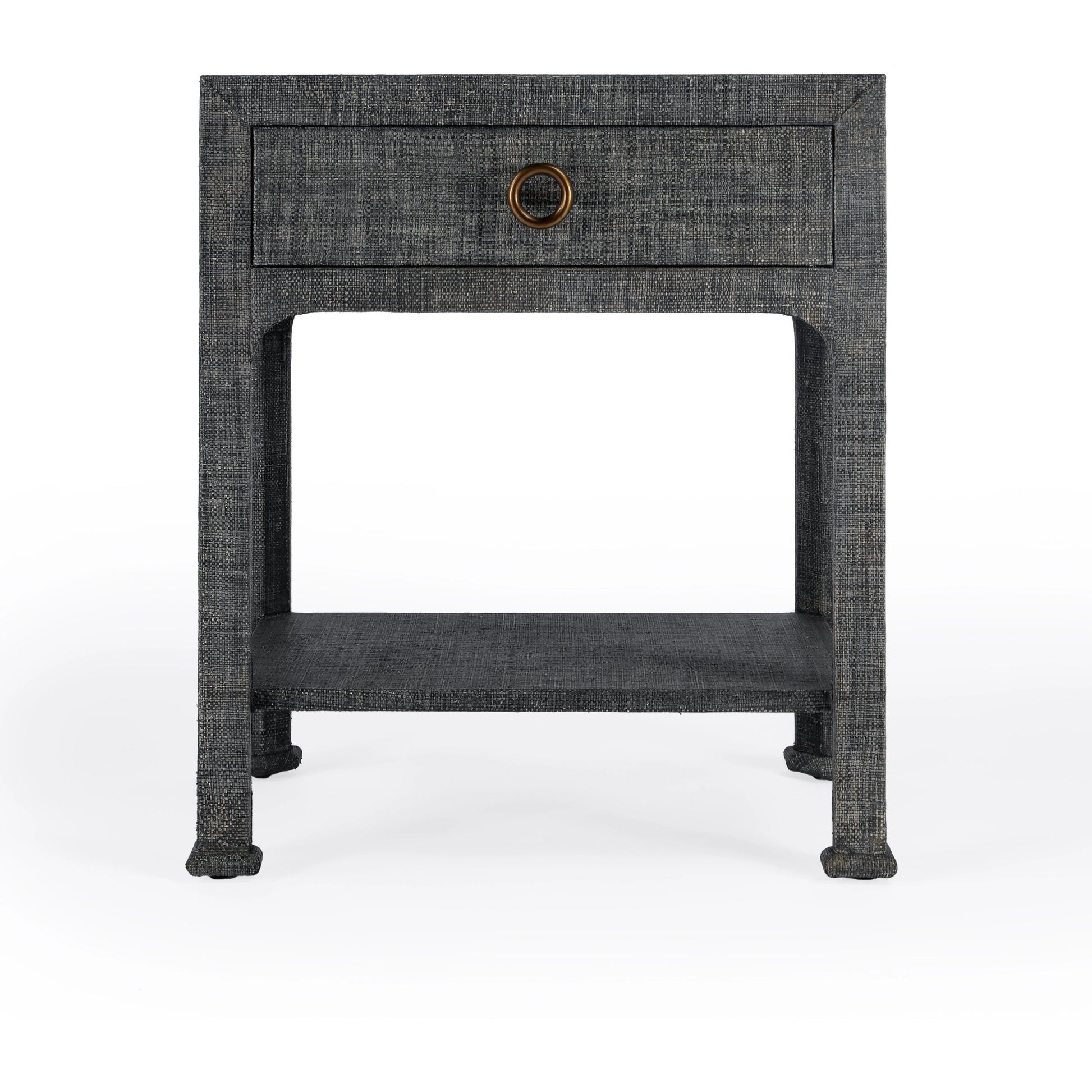 Chatham Raffia Nightstand by Butler Specialty Company in charcoal and charcoal raffia. Made from gmelina beechwood solids, mdf panel with maple veneer, raffia, aluminium in a transitional style.