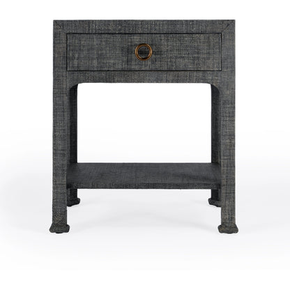 Chatham Raffia Nightstand by Butler Specialty Company in charcoal and charcoal raffia. Made from gmelina beechwood solids, mdf panel with maple veneer, raffia, aluminium in a transitional style.