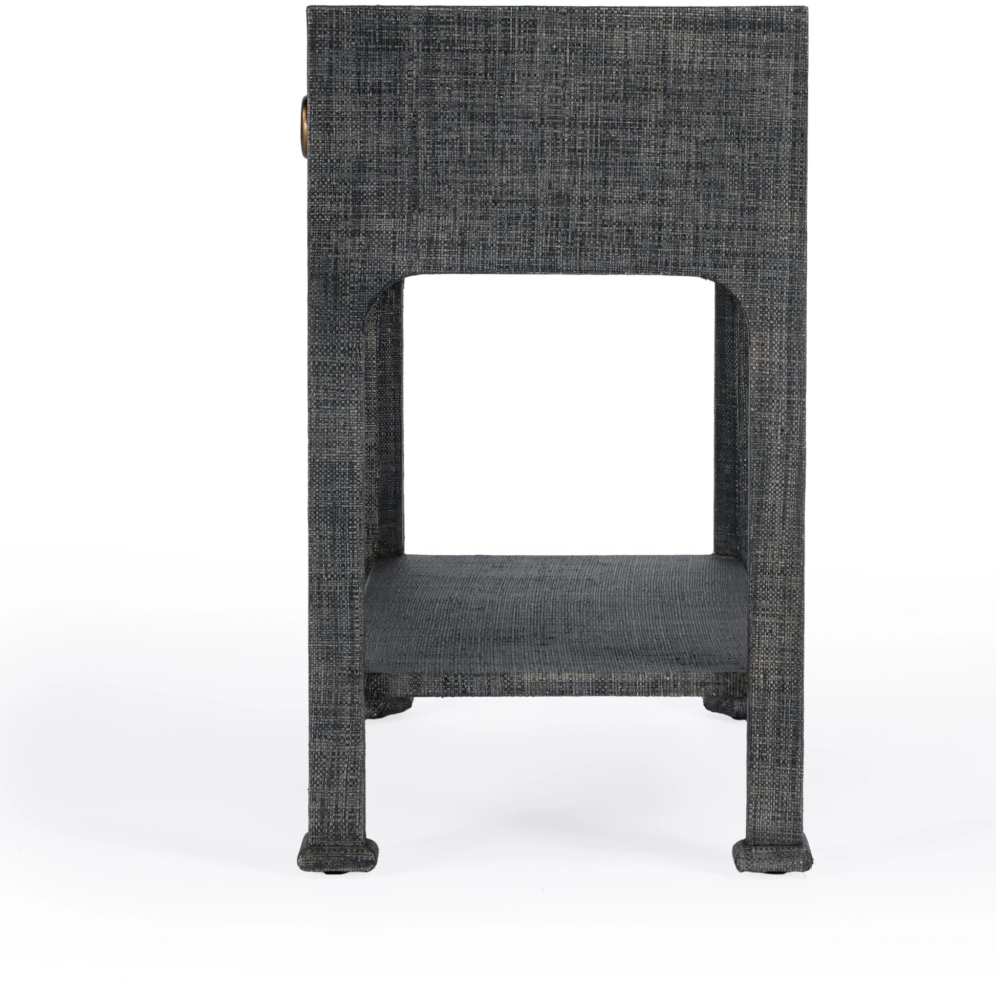 Chatham Raffia Nightstand by Butler Specialty Company in charcoal and charcoal raffia. Made from gmelina beechwood solids, mdf panel with maple veneer, raffia, aluminium in a transitional style.