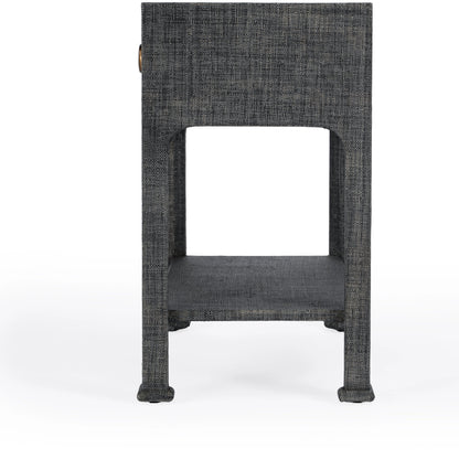 Chatham Raffia Nightstand by Butler Specialty Company in charcoal and charcoal raffia. Made from gmelina beechwood solids, mdf panel with maple veneer, raffia, aluminium in a transitional style.