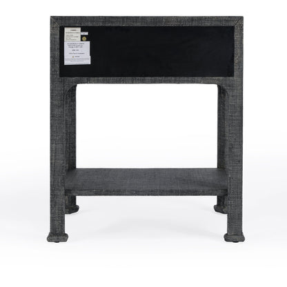 Chatham Raffia Nightstand by Butler Specialty Company in charcoal and charcoal raffia. Made from gmelina beechwood solids, mdf panel with maple veneer, raffia, aluminium in a transitional style.