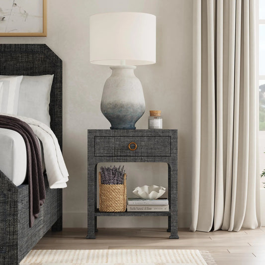 Chatham Raffia Nightstand by Butler Specialty Company in charcoal and charcoal raffia. Made from gmelina beechwood solids, mdf panel with maple veneer, raffia, aluminium in a transitional style.