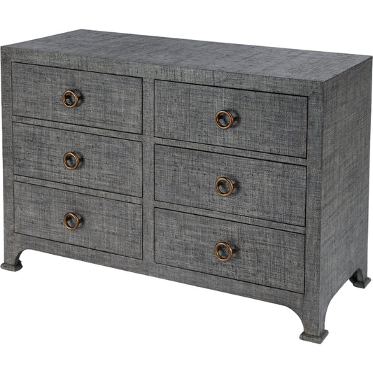 Chatham Raffia 6 Drawer Dresser by Butler Specialty Company in charcoal and charcoal raffia. Made from gmelina beechwood solids, mdf panel with maple veneer, raffia, aluminium in a modern style.