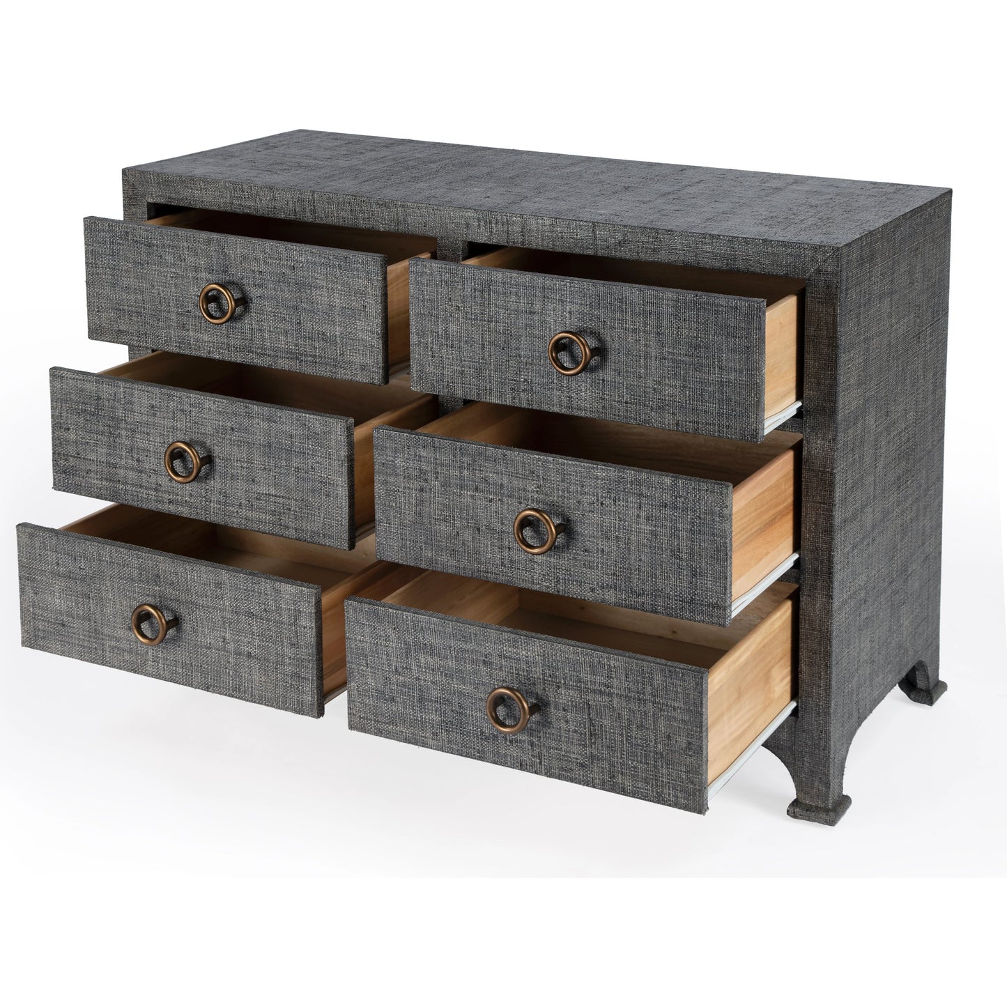 003 SI-2077871 | Additional Silo | Chatham Raffia 6 Drawer Dresser by Butler Specialty Company in charcoal and charcoal raffia. Made from gmelina beechwood solids, mdf panel with maple veneer, raffia, aluminium in a modern style.
