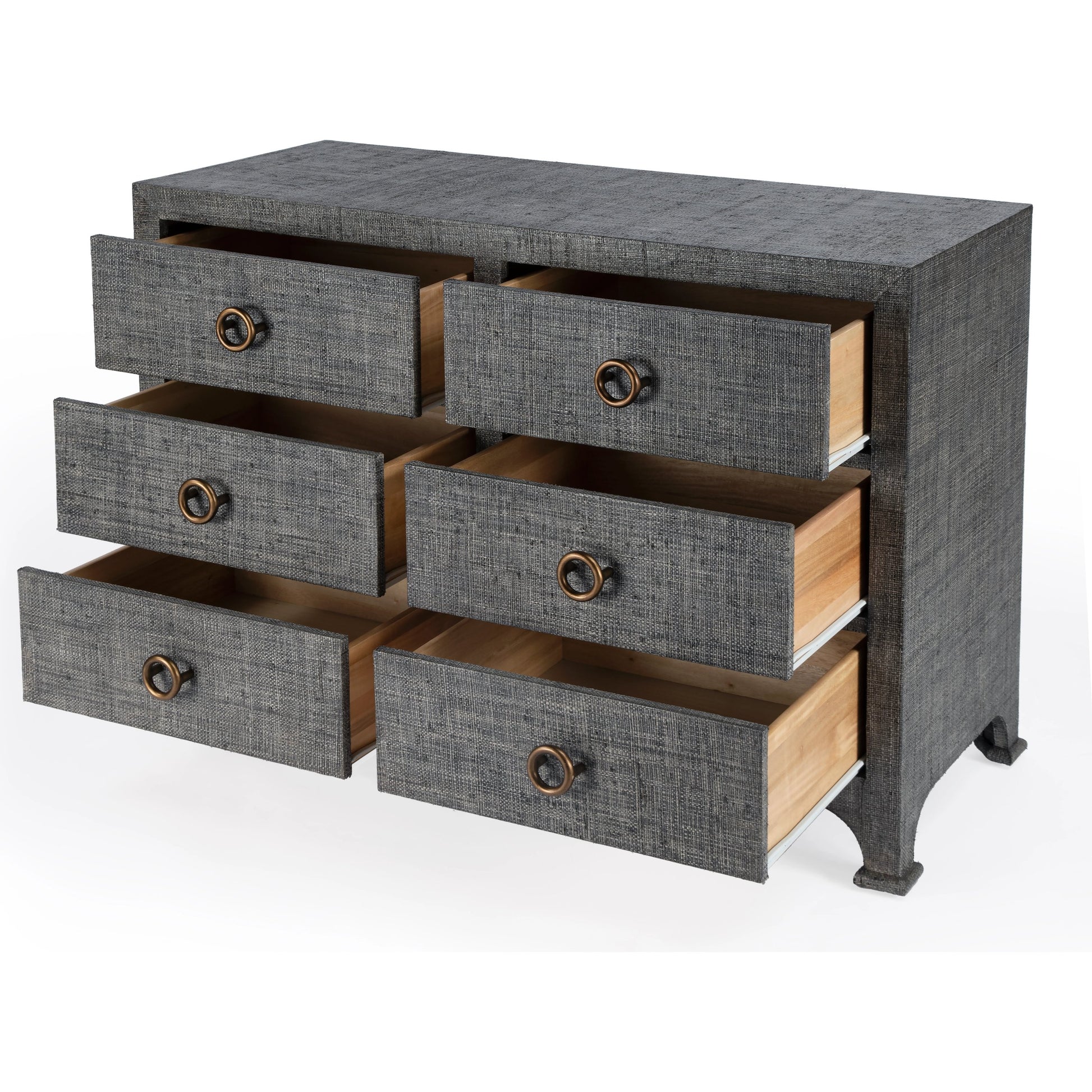 Chatham Raffia 6 Drawer Dresser by Butler Specialty Company in charcoal and charcoal raffia. Made from gmelina beechwood solids, mdf panel with maple veneer, raffia, aluminium in a modern style.