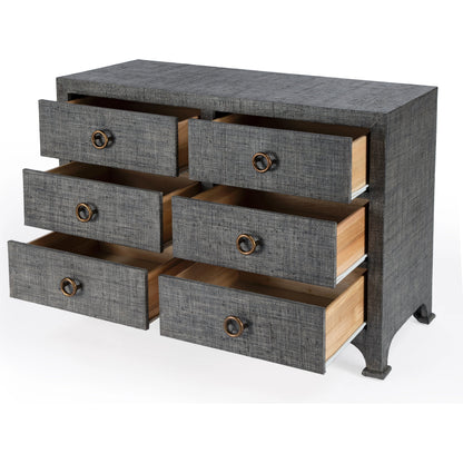 Chatham Raffia 6 Drawer Dresser by Butler Specialty Company in charcoal and charcoal raffia. Made from gmelina beechwood solids, mdf panel with maple veneer, raffia, aluminium in a modern style.
