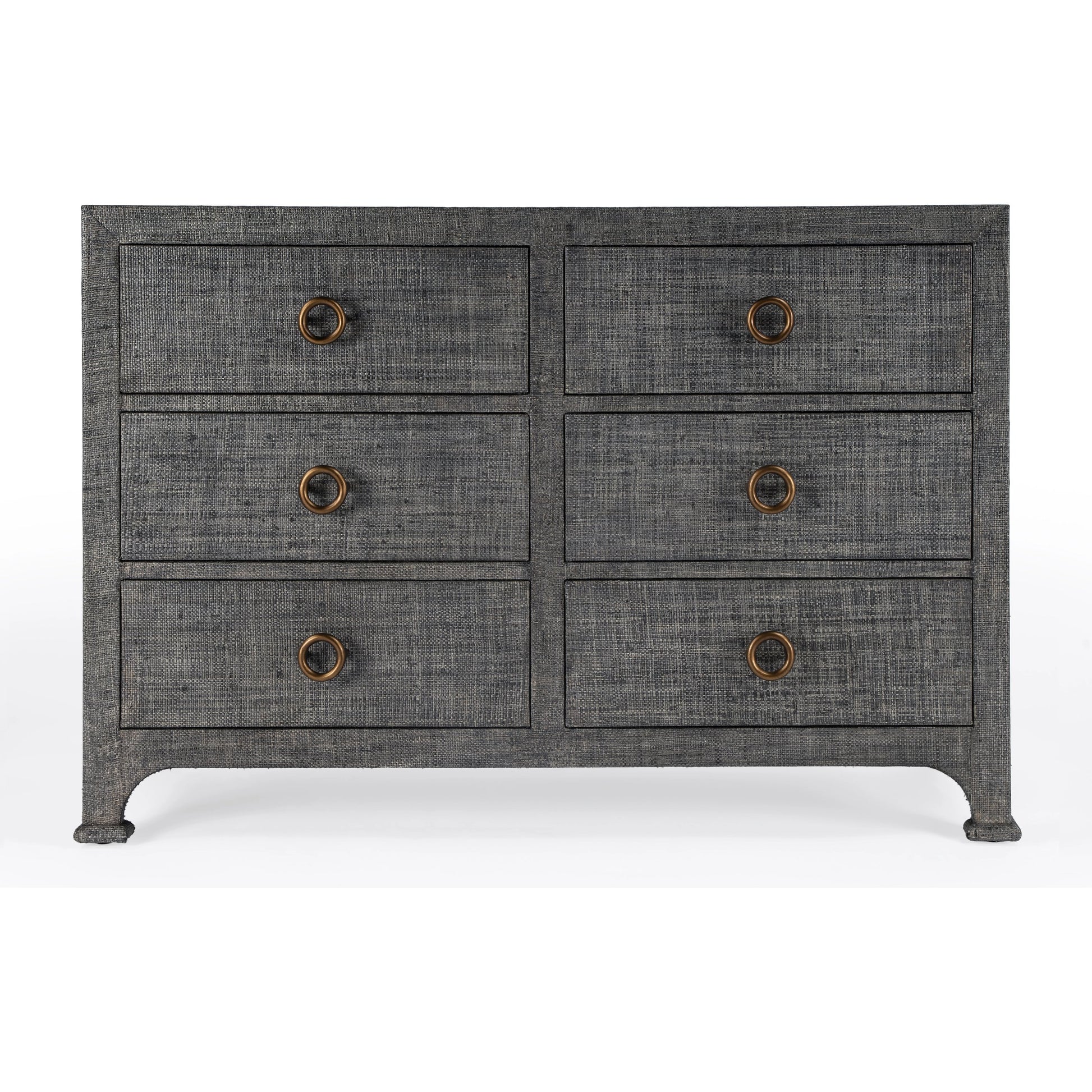 Chatham Raffia 6 Drawer Dresser by Butler Specialty Company in charcoal and charcoal raffia. Made from gmelina beechwood solids, mdf panel with maple veneer, raffia, aluminium in a modern style.