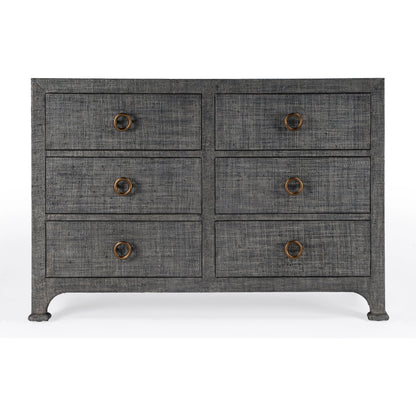 Chatham Raffia 6 Drawer Dresser by Butler Specialty Company in charcoal and charcoal raffia. Made from gmelina beechwood solids, mdf panel with maple veneer, raffia, aluminium in a modern style.