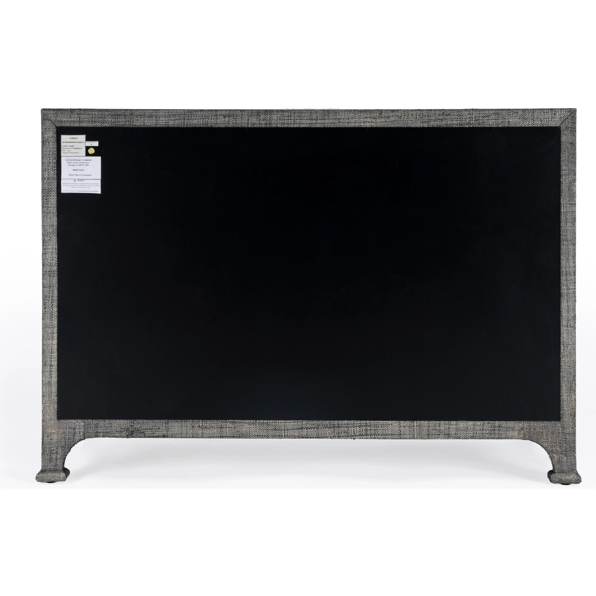Chatham Raffia 6 Drawer Dresser by Butler Specialty Company in charcoal and charcoal raffia. Made from gmelina beechwood solids, mdf panel with maple veneer, raffia, aluminium in a modern style.