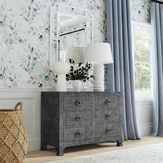 Chatham Raffia 6 Drawer Dresser by Butler Specialty Company in charcoal and charcoal raffia. Made from gmelina beechwood solids, mdf panel with maple veneer, raffia, aluminium in a modern style.