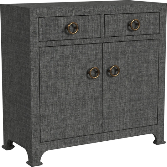 Chatham 2-Drawer Raffia Cabinet by Butler Specialty Company in charcoal and charcoal raffia. Made from gmelina beechwood solids, mdf panel with maple veneer, raffia, aluminium in a modern style.