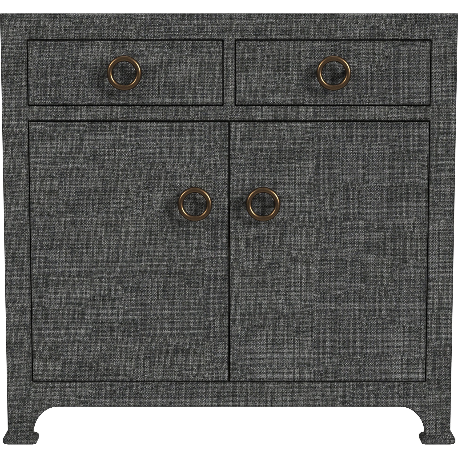 Chatham 2-Drawer Raffia Cabinet by Butler Specialty Company in charcoal and charcoal raffia. Made from gmelina beechwood solids, mdf panel with maple veneer, raffia, aluminium in a modern style.