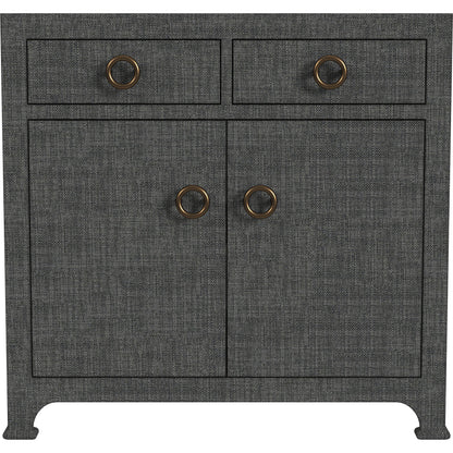 Chatham 2-Drawer Raffia Cabinet by Butler Specialty Company in charcoal and charcoal raffia. Made from gmelina beechwood solids, mdf panel with maple veneer, raffia, aluminium in a modern style.