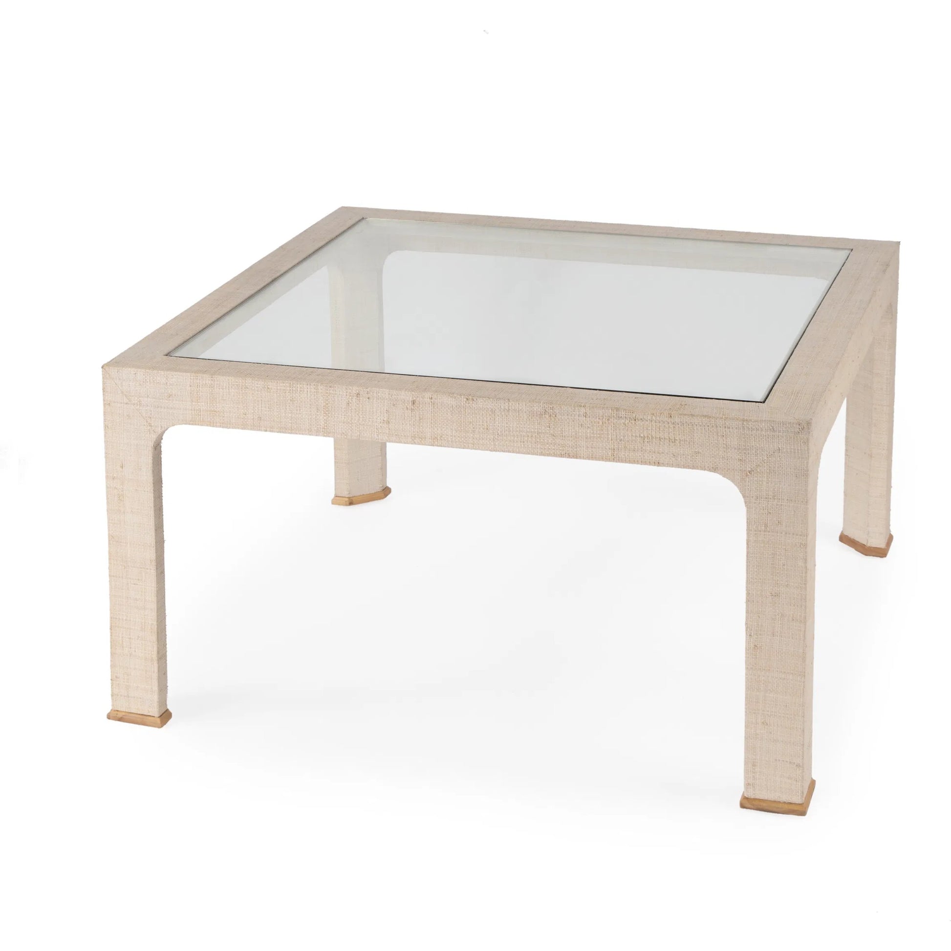 Chatham Raffia Coffee Table by Butler Specialty Company. Made from saguran raffia, glass, gmelina arborea wood in a unique style.