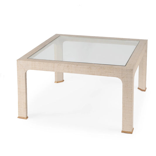 Chatham Raffia Coffee Table by Butler Specialty Company. Made from saguran raffia, glass, gmelina arborea wood in a modern style.